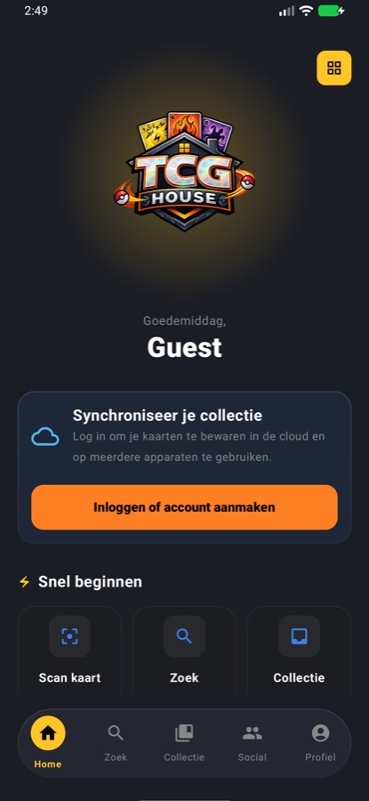 TCG House-app, beginscherm