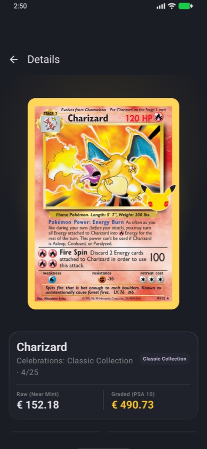Card detail in the TCG House app showing prices per print